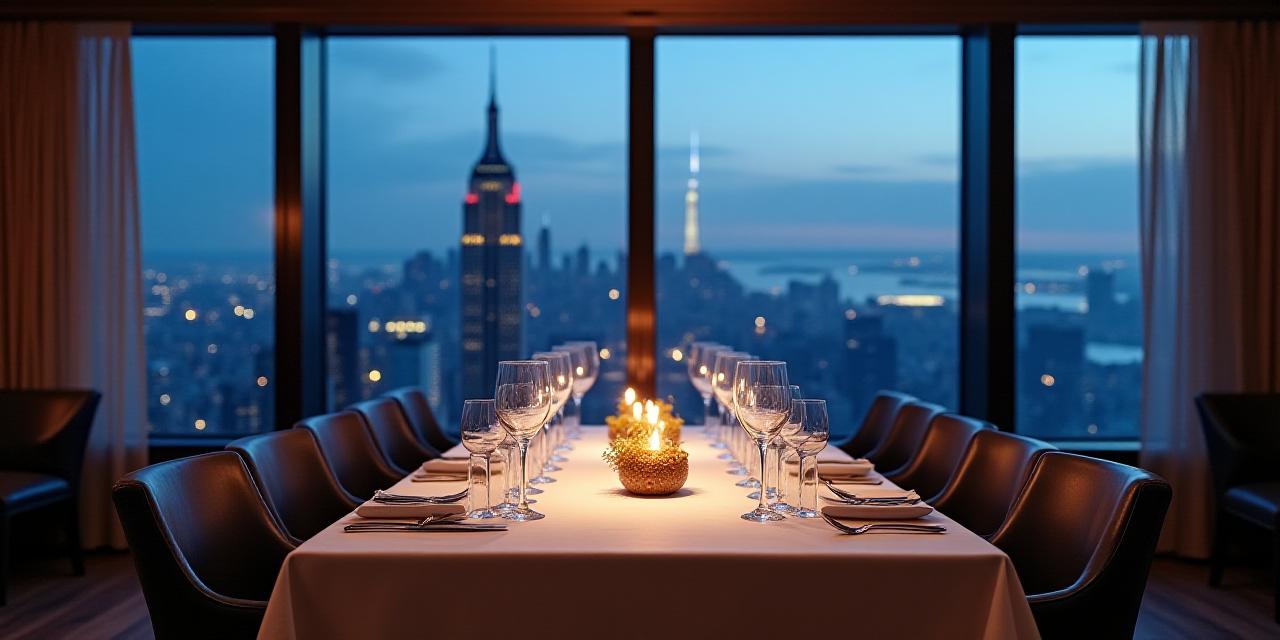 Luxury fine dining table setup with Manhattan skyline view